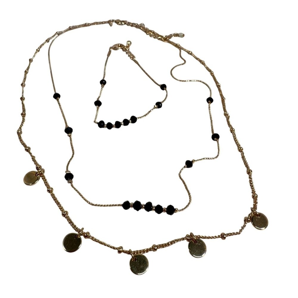 Layered Gold & Black Beaded Necklace Set With matching Bracelet Signed NRQ